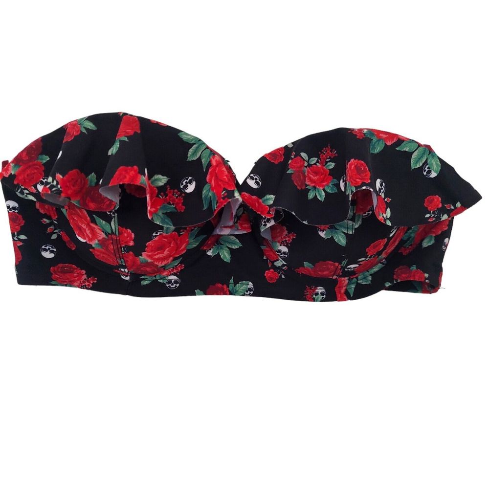 Hot Topic Bra Swim Top Skull Rose Small Women’s Black Strapless